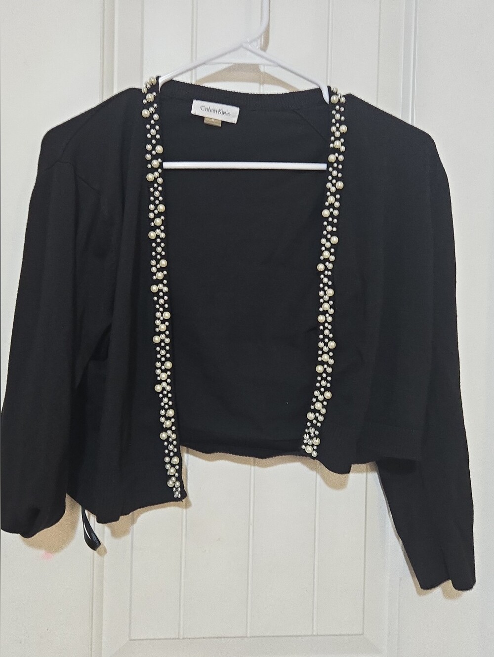 Calvin Klein XL Black Pearl Embellished Open Front Cropped Cardigan Shrug